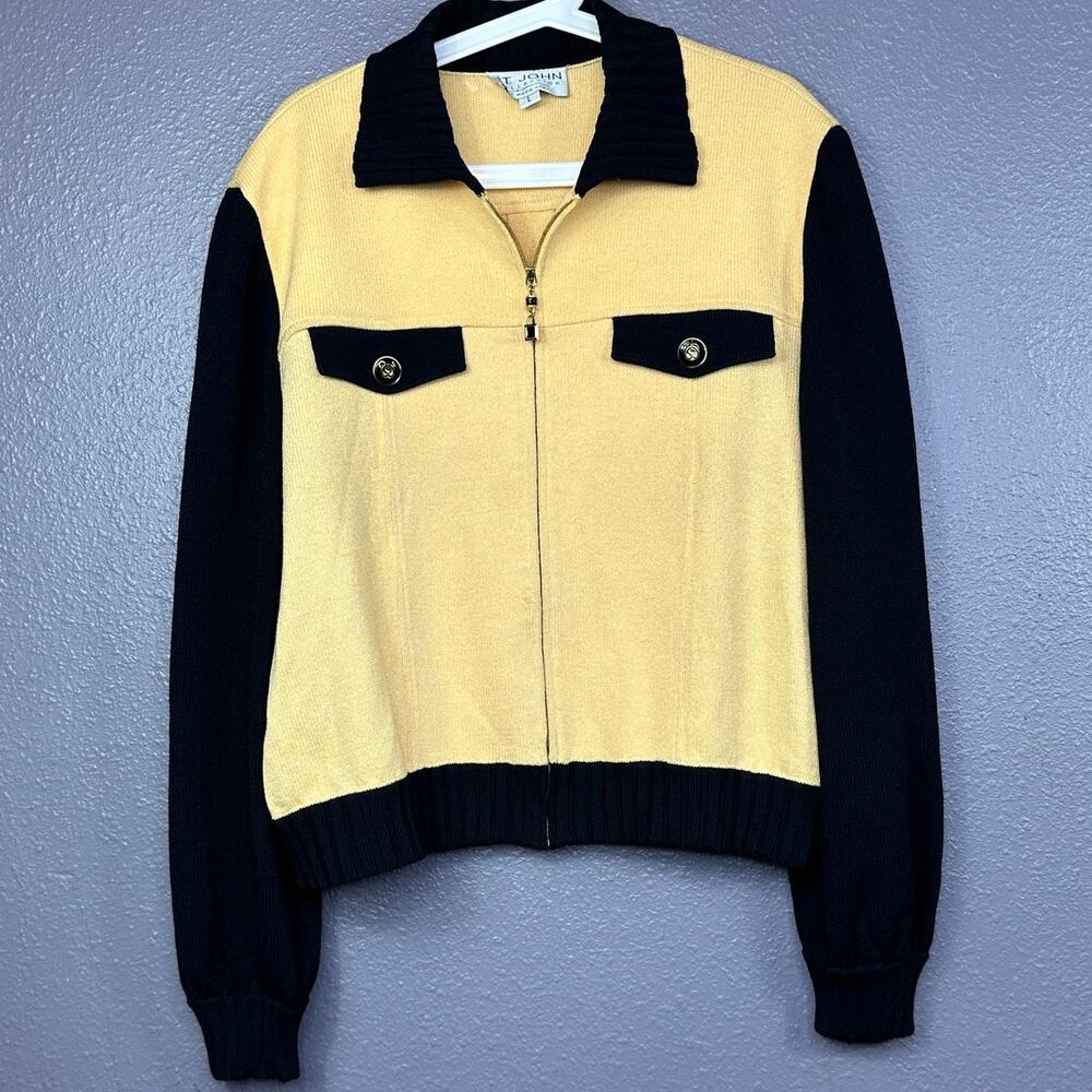 St John Collection Santana Knit Yellow Black Short Jacket Blazer US Large